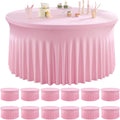 12 Pack Baby Pink Spandex Round Tablecloths for 60 inch Table, Wrinkle Free Stretchy 120inch Fitted 5FT Round Table Cloths Cover with Skirt for Wedding Party Dining Banquet Events