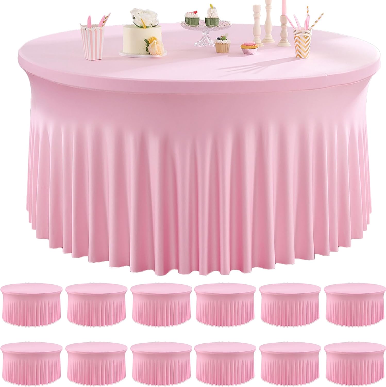 12 Pack Baby Pink Spandex Round Tablecloths for 60 inch Table, Wrinkle Free Stretchy 120inch Fitted 5FT Round Table Cloths Cover with Skirt for Wedding Party Dining Banquet Events