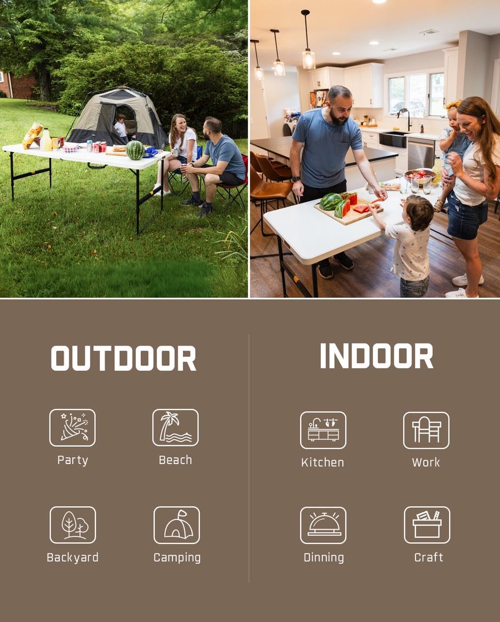 FanttikOutdoor 6ft Folding Table, 3 Heights, One-Handed Height Adjustment, Gravity Lock, Carry Handle, Indoor Outdoor Heavy Duty Fold-in-Half Portable Utility Table, Party, Granite White Zeta X6 Pro
