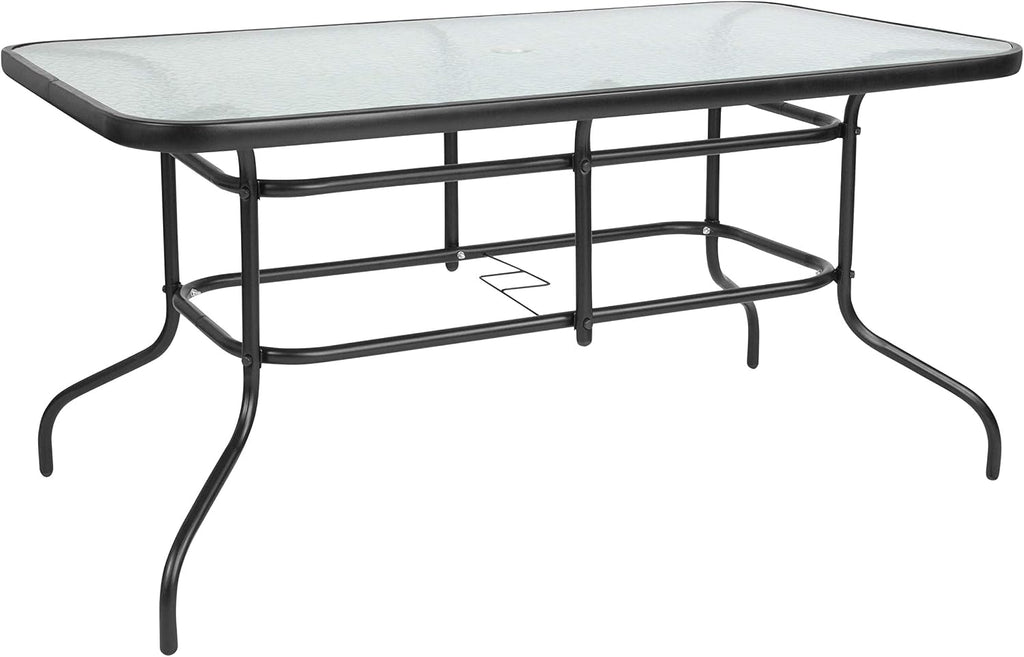 Flash Furniture Tory 31.5' x 55' Rectangular Tempered Glass Metal Patio Table with Umbrella Hole, Modern Rippled Glass Outdoor Dining Table, Black
