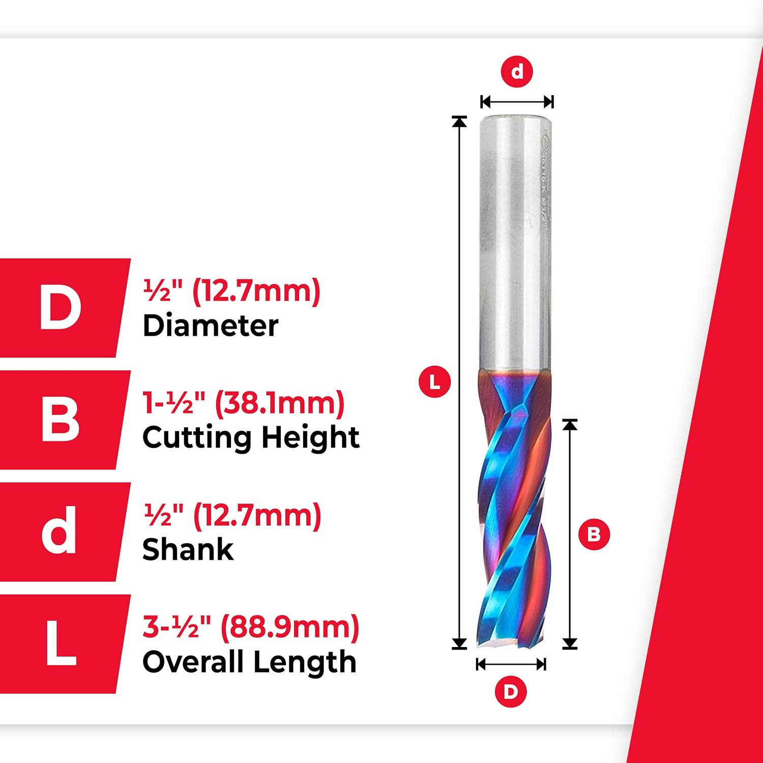 Amana Tool Spektra Extreme Tool Life Coated Solid Carbide Spiral Plunge Router Bit, 46116-K, 1/2 D x 1-1/2 CH x 1/2 Shank x 3-1/2 Inch Long Up-Cut, 3-Flute