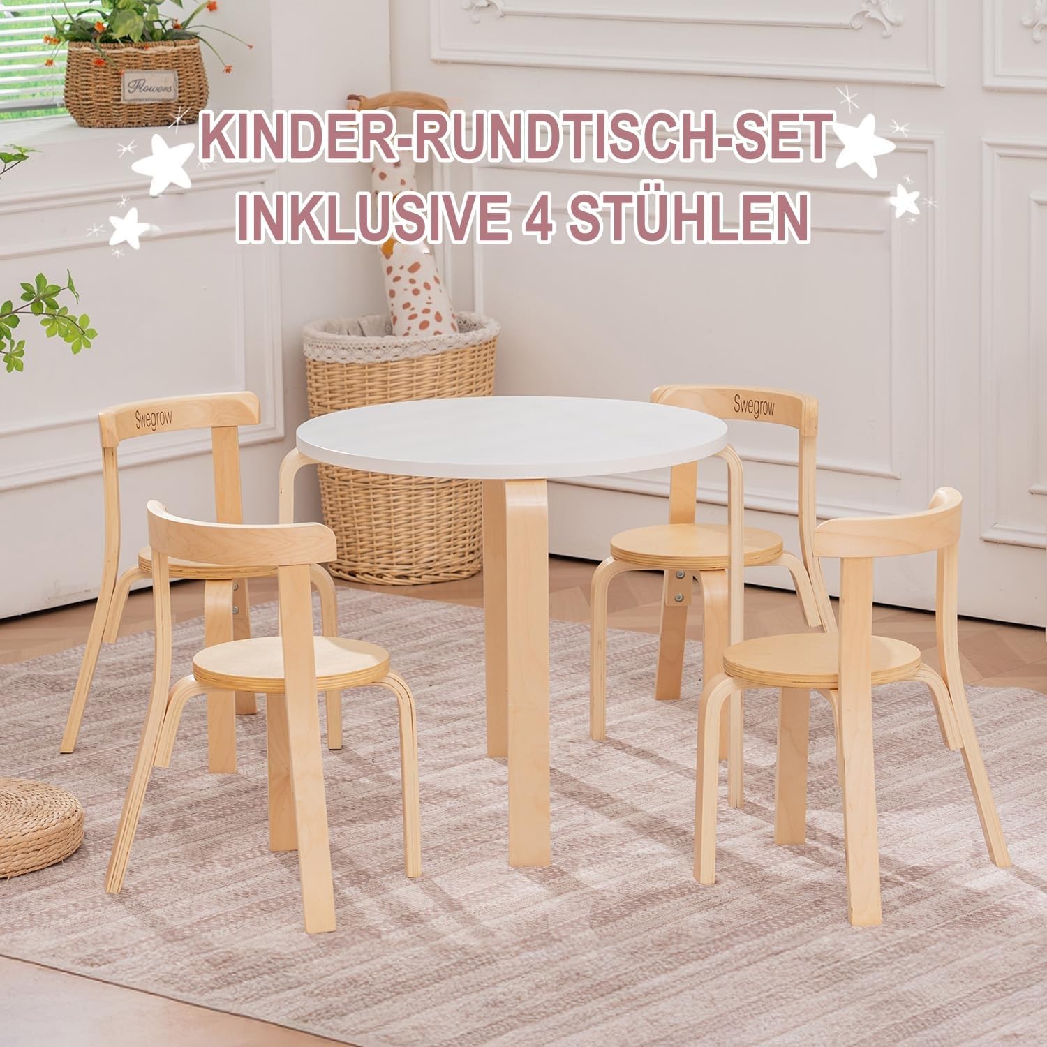 Swegrow Kids Table and 4 Chairs Set, Wooden Table and Chairs for Kids & Toddler，Kid Wooden Furniture for Playroom/Home/Kindergarten