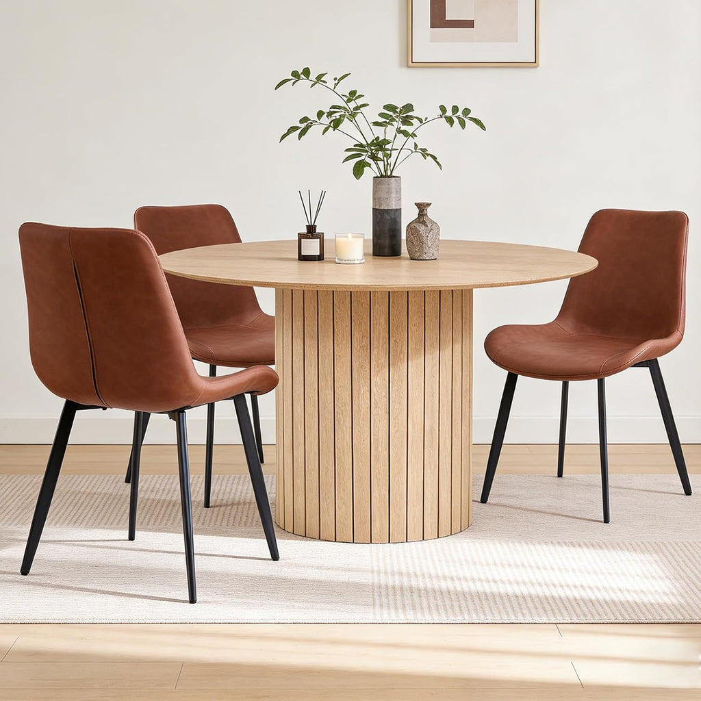 47' Round Dining Table for 4, Farmhouse Kitchen Table [Chamfered Edge Tabletop] Circle Pedestal Dinner Table, φ47.2'x29.5'H, Natural