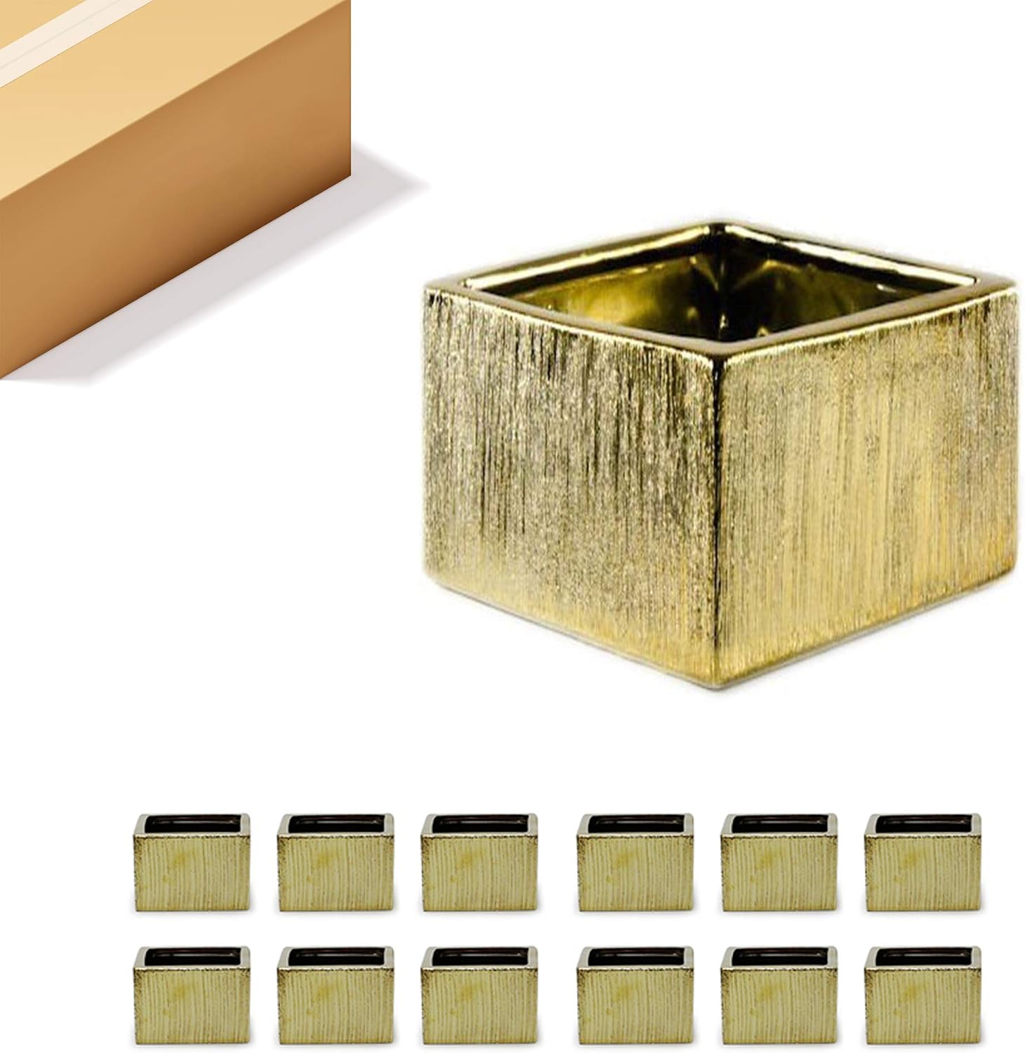 WGV Block Ceramic Vase Bulk, Width 6', Height 4', Elegant Morden Short Square Floral Planter Terrarium Container Table Dresser for Event Accent Home Office Decor Gold Etched 12 Pieces
