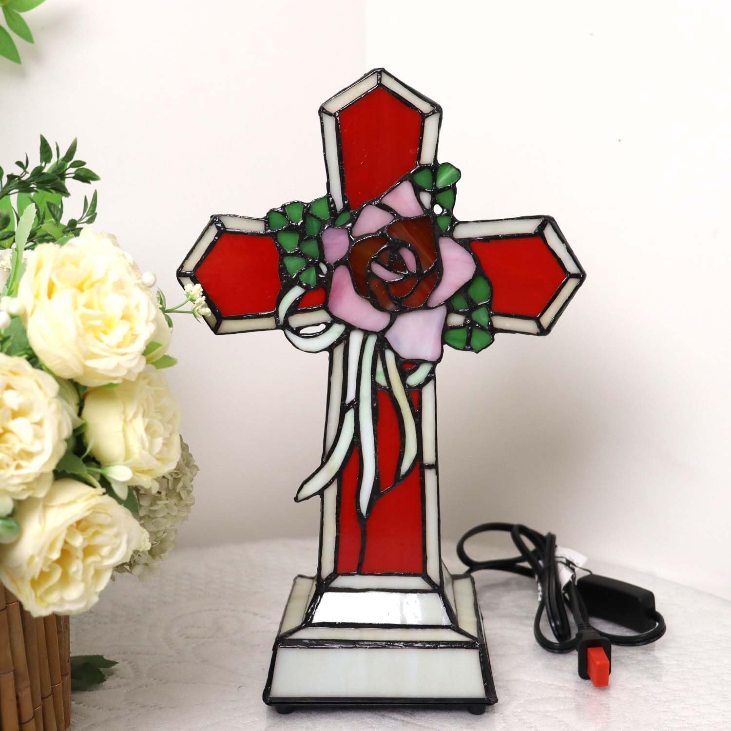 Bieye L10935 Christian Cross Tiffany Style Stained Glass Accent Table Lamp Night Light for Home Décor (Rose)