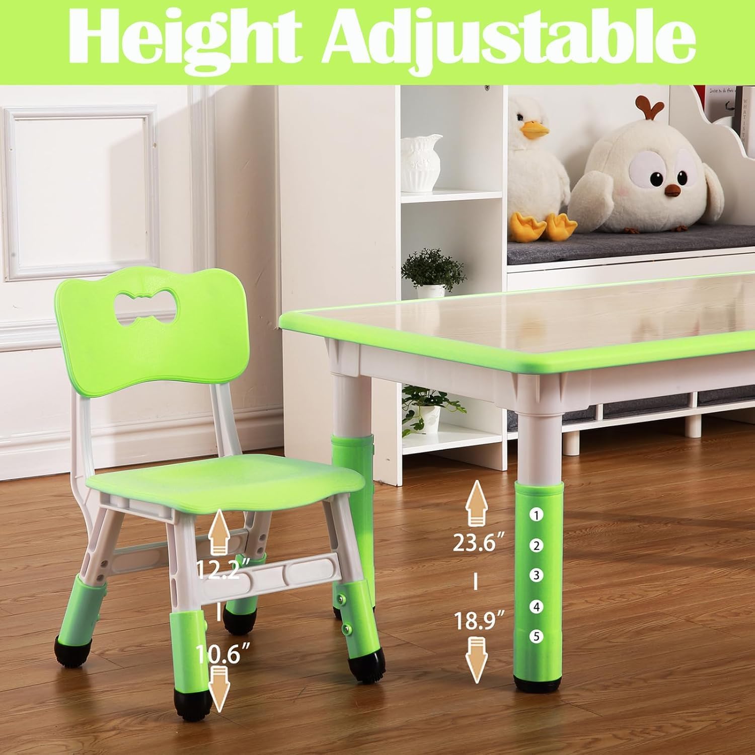 Garvee Kids Table and 6 Chair Set,47 in Modern Height Adjustable Toddler Table and 6 Chairs Set with Non-Slip Desk Legs&Organizer Graffiti Desktop,Preschool Activity Art Craft Tables for 6(Green)
