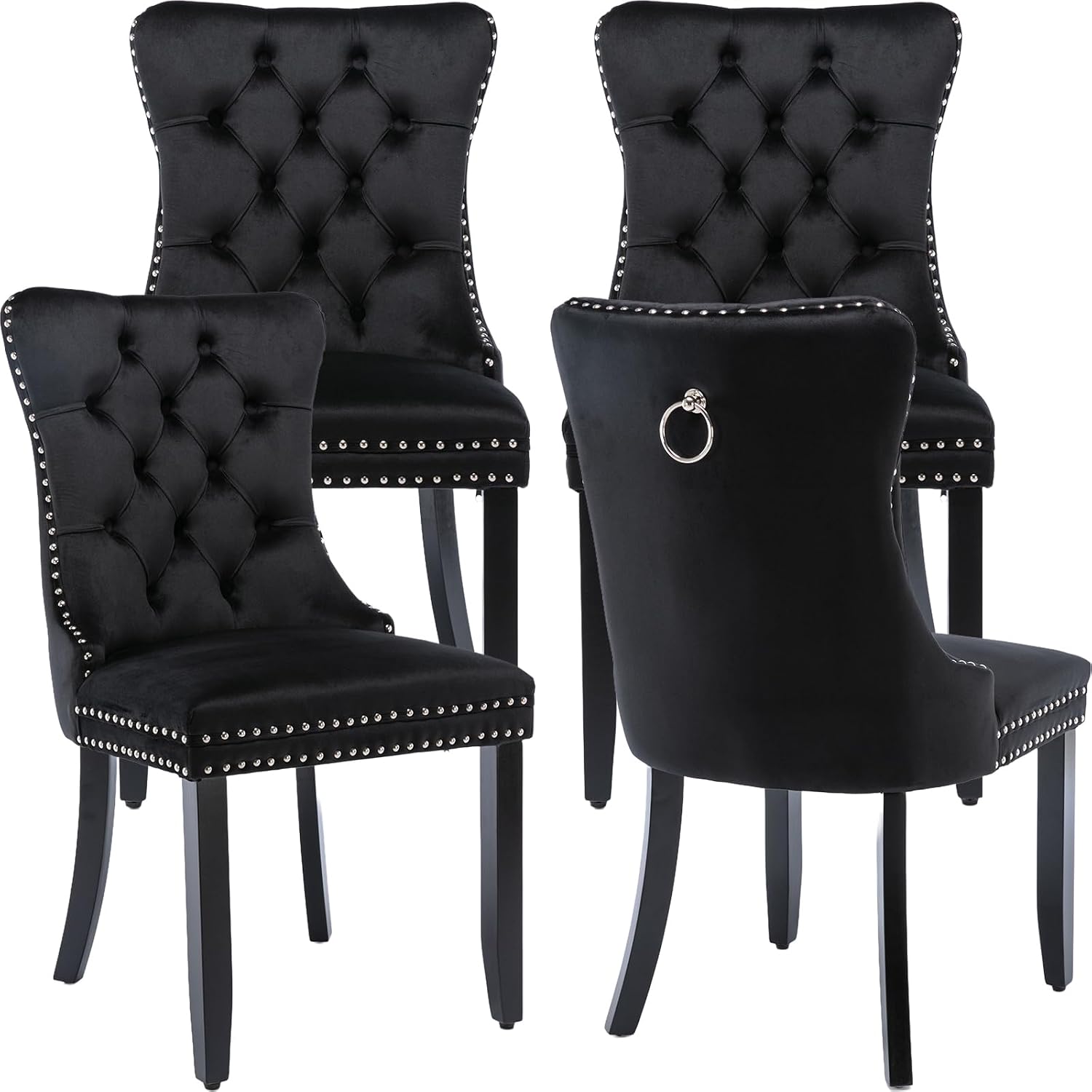 ODUSE-DAILY Black Velvet Dining Chairs Set of 4, Kitchen & Dining Room Chairs, Four Fabric Tufted Dinning Chairs, Velvet Upholstered, Wing Back, Metal Pull Ring, Wood Frame, Mid Century Modern