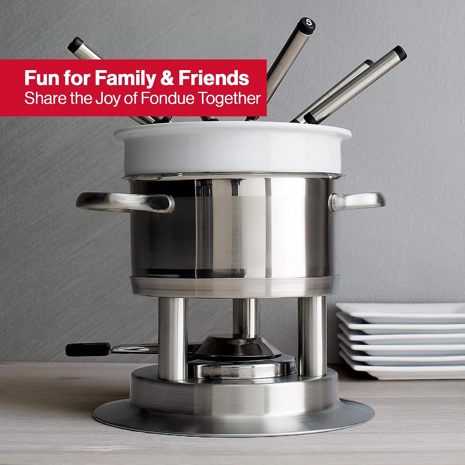 Swissmar Arosa 11-Piece Stainless Steel 3-in-1 Fondue Set - Ideal for Melting Cheese, Chocolate, Butter, & More - Perfect for Kitchen Collection & Wedding Gift Giving - 1.6 Quarts / 1.5 Liter