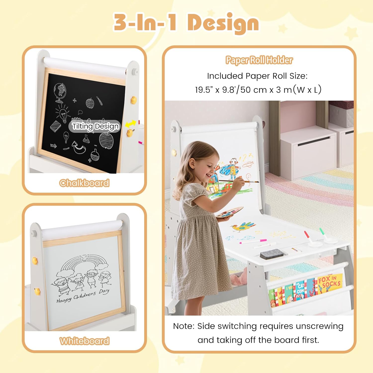 HONEY JOY Kids Art Table, Wooden Arts and Crafts Activity Set w/Adjustable Magnetic Whiteboard & Chalkboard, Paper Roll, Bookshelves & Storage Shelves, Toddler Table and Chair Set (Gray)