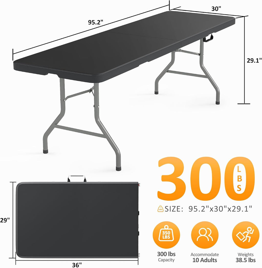 RUIE 8 Foot Folding Table with Carrying Handle, HDPE Foldable Table Indoor Outdoor Heavy Duty Portable Plastic Table, Folding Tables for Picnic Camping Party, Black