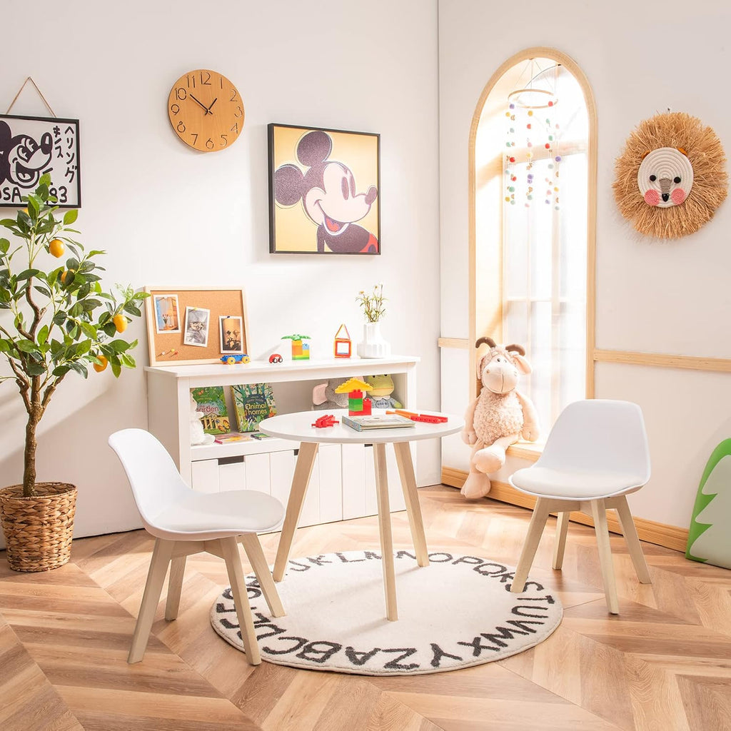 Costzon Kids Table and Chair Set, 3 PCS Wood Activity Play Table w/Padded Seat & Wood Legs for Arts, Crafts, Reading, Preschool, Kindergarten, Playroom, Mid Century Modern Toddler Table and Chairs