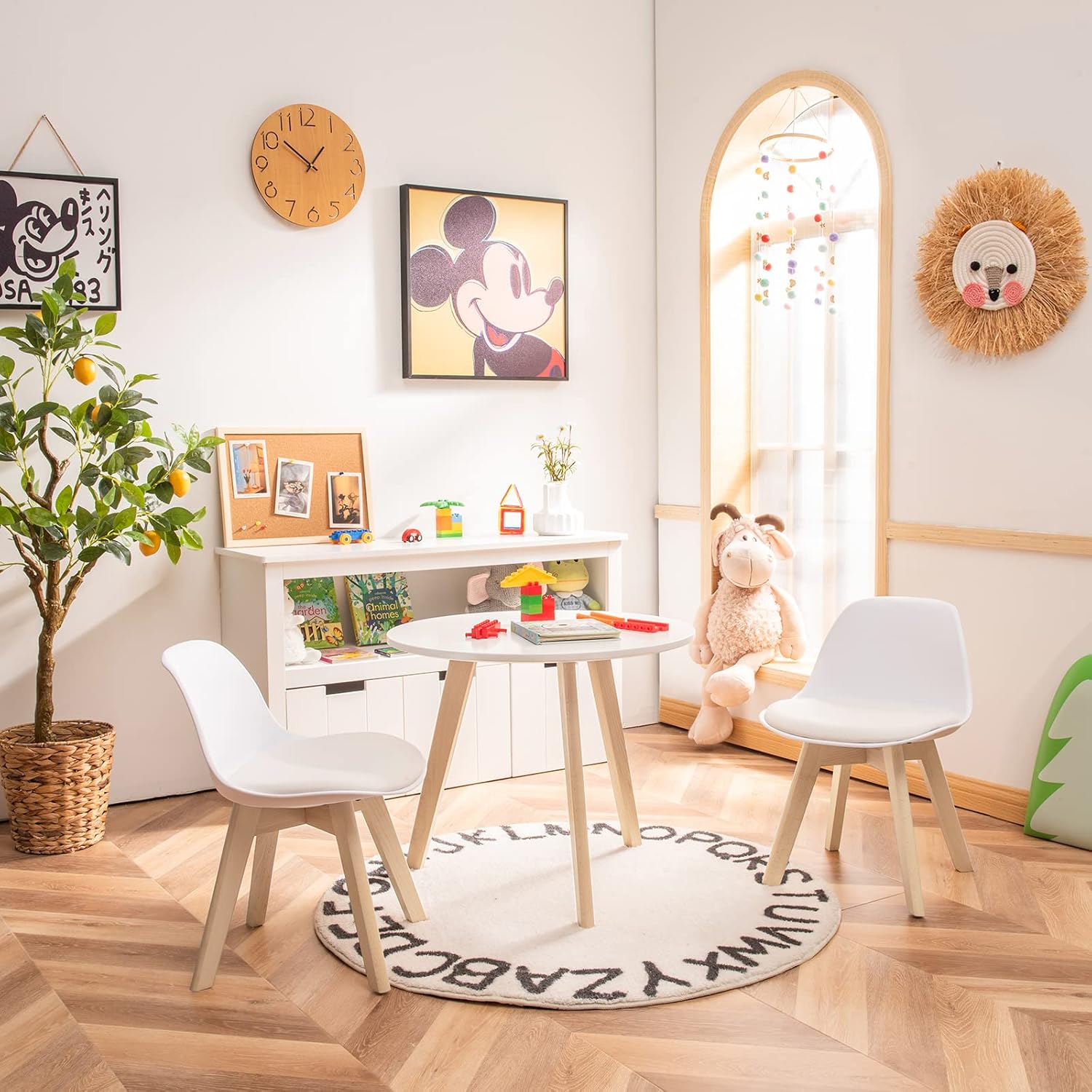 Costzon Kids Table and Chair Set, 3 PCS Wood Activity Play Table w/Padded Seat & Wood Legs for Arts, Crafts, Reading, Preschool, Kindergarten, Playroom, Mid Century Modern Toddler Table and Chairs