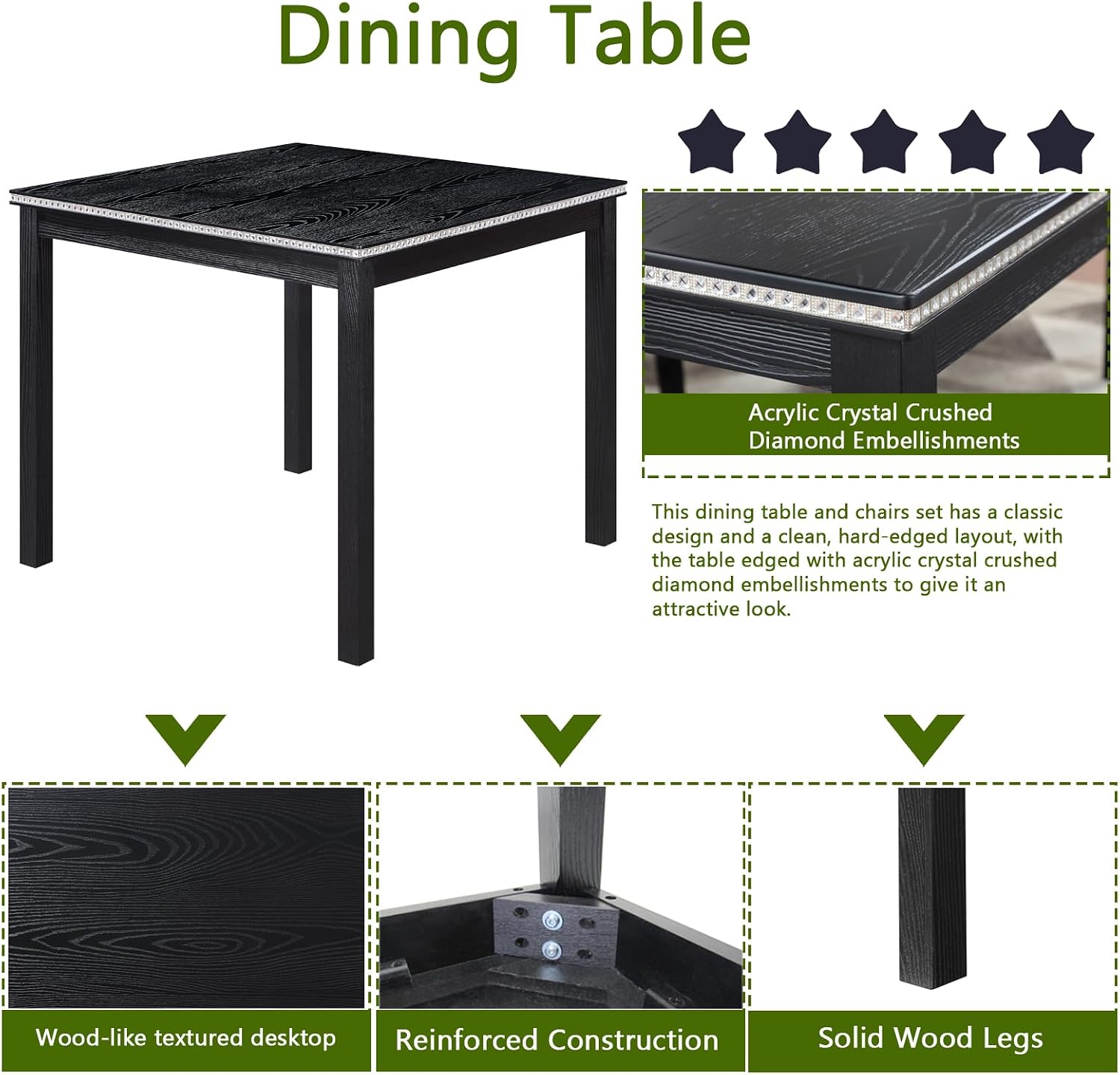 LUMISOL Dining Table Set for 4, 5-Piece Solid Wood Kitchen Table Set with 4 Upholstered Chairs for Kitchen, Dining Room, Black