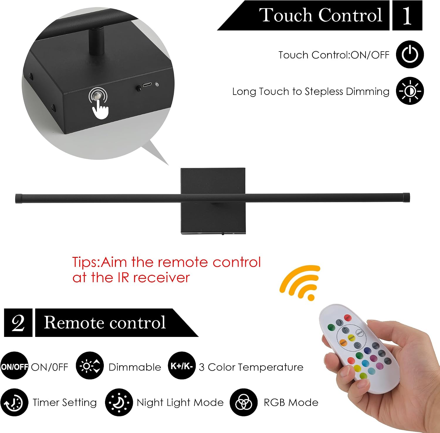 KARTOOSH 28.3 Inch 9 RGB Color Battery Operated Wireless Wall Sconces Set of Two, with Remote, Dimmable, Warm/Natural White/Daylight, Rotatable, LED Wall Light for Living Room, Bedroom, Black