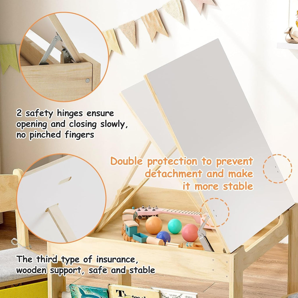 EXPERLAM Kids Table and 2 Chairs Set, Wooden Toddler Activity Table with Adjustable Drawing Tabletop, Safety Hinges, Storage Drawers &Bookshelf for Playroom, Nursery, Ages 1-6, Burlywood