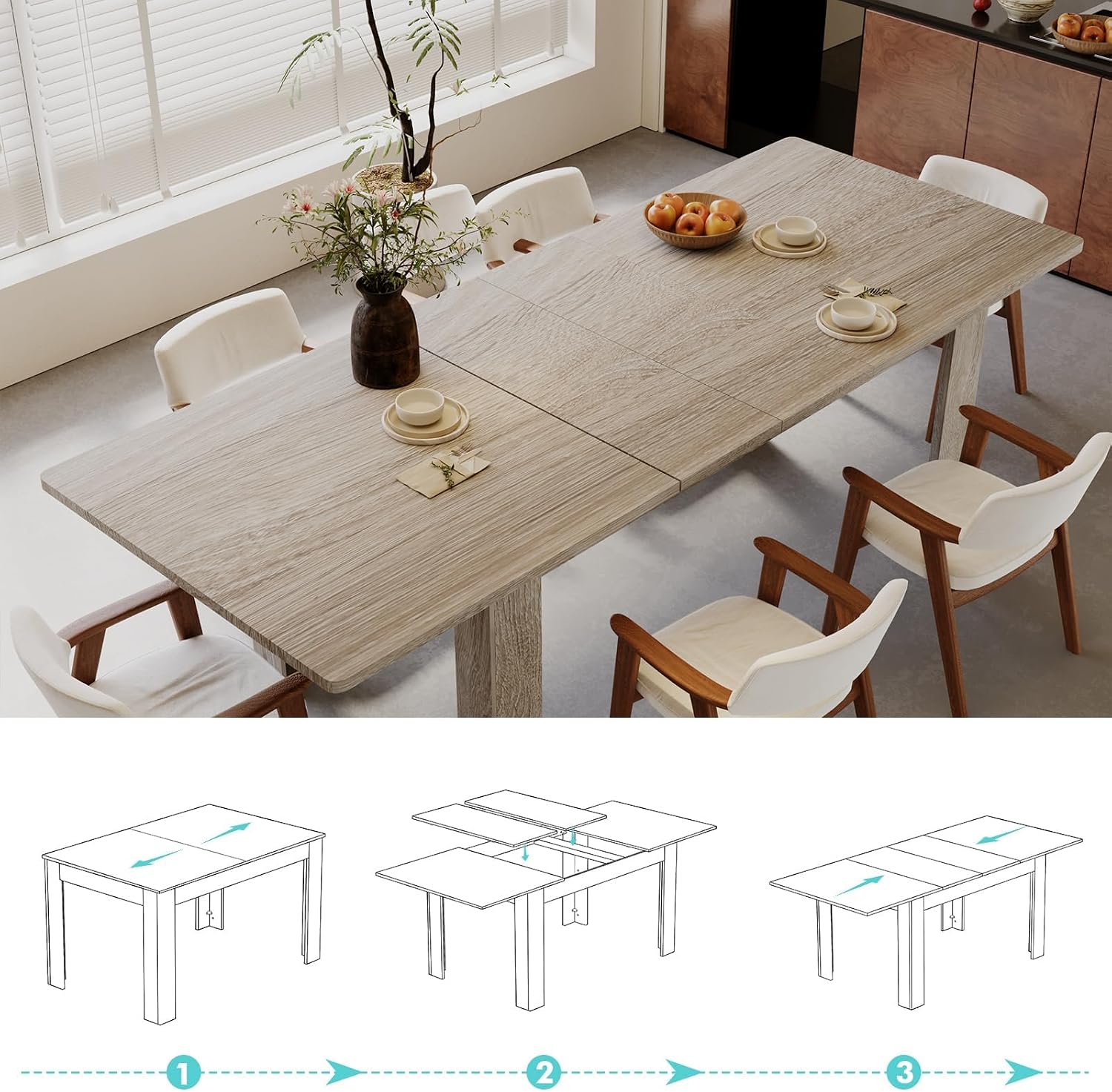Extendable Dining Table for 6-10 Person, 55' to 86' Modern Dining Room Table, Rectangular Kitchen Table, Oak