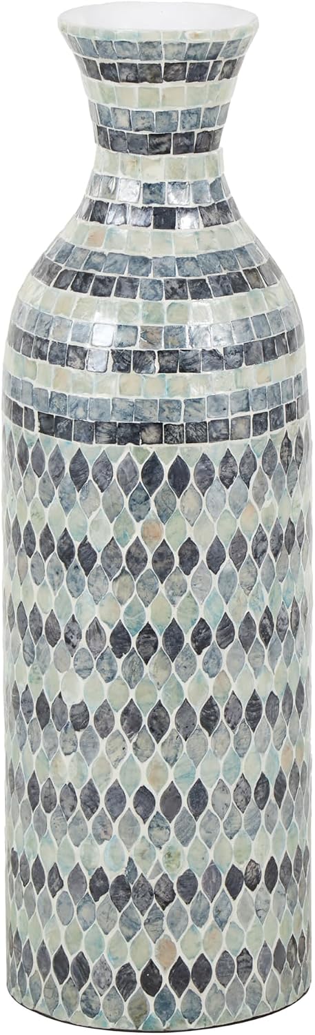 Deco 79 Mother of Pearl Shell Handmade Decorative Vase Mosaic Centerpiece Vase with White Interior, Flower Vase for Home Decoration 8' x 8' x 26', Blue