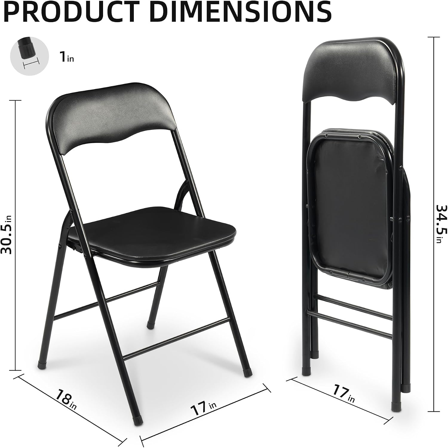 Elevon Folding Chairs 6 Pack, Padded Vinyl Cushion Chairs with Sturdy Metal Frame for for Home and Office, for Indoor and Outdoor Events, 300lb Capacity, Black