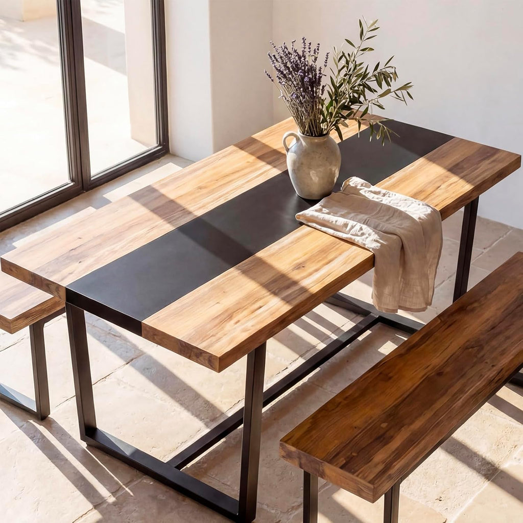 STHOUYN 71' 6ft Large Dinner Table for 6 8 Seat Dining Room Table, Rectangular Farmhouse Modern Kitchen Long Black & Brown Industrial Conference (Brown)