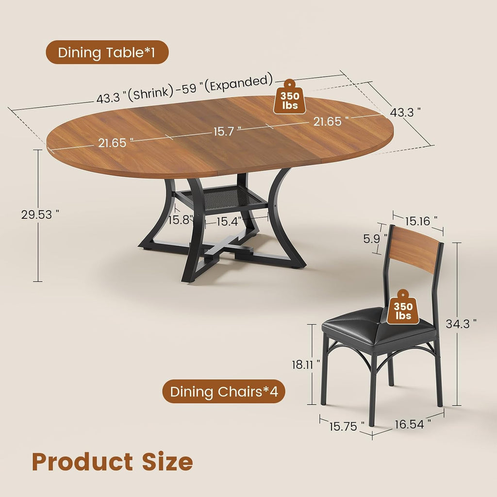 Itaar Round Extendable Dining Table Set for 4-6 People, 5-Piece Kitchen Table Set with 4 Cushion Chairs, Dining Room Table for 6 with MDF Board & Metal Frame for Small Space, Easy Clean, Brown