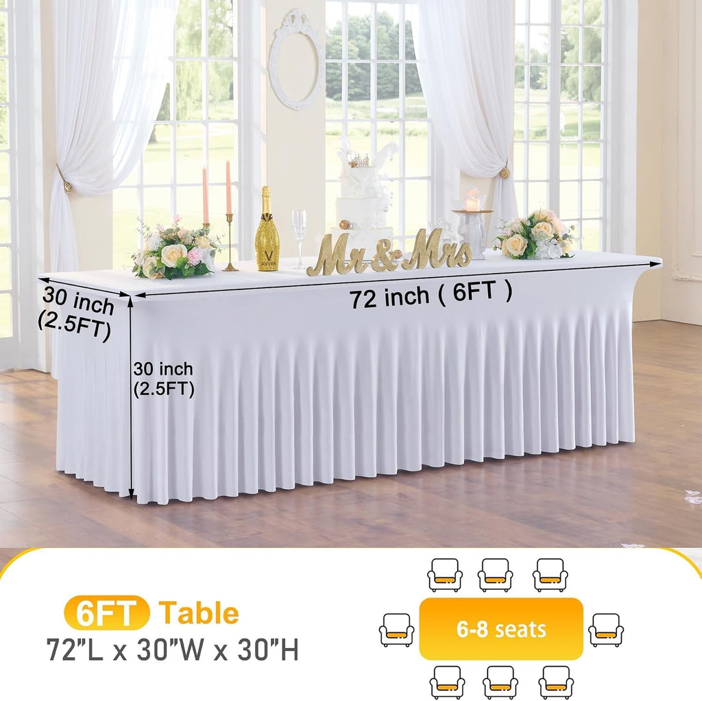 CO-AVE 12pack White Spandex Tablecloths 6ft for Rectangle Tables, Wrinkle Free Classy Table Skirt Stretchy 6 Foot Fitted Table Cloths Covers for Weddings Birthday Party Events Banquette Baby Shower