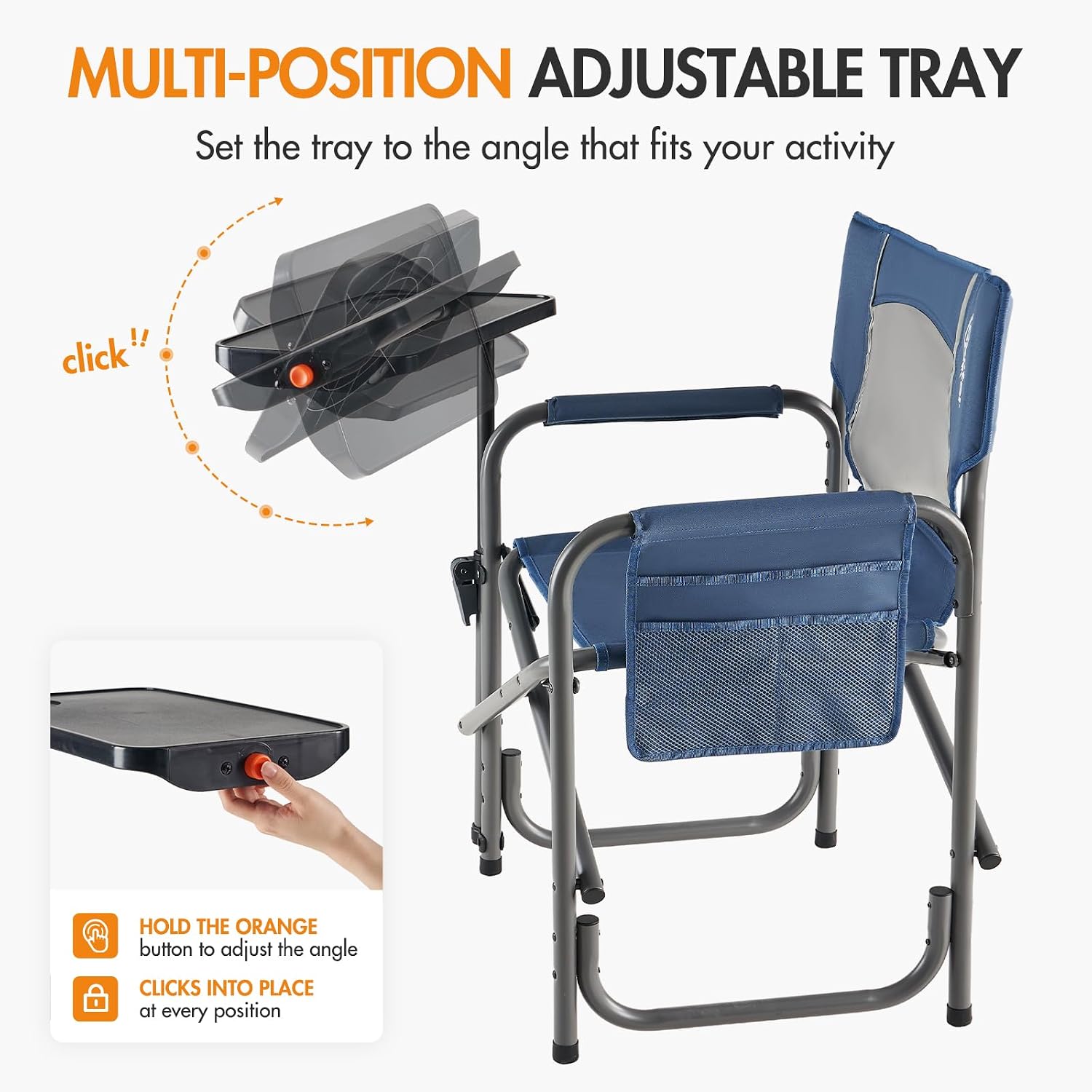 Portal Folding Director Chair with 2-Way Rotating Side Table, Heavy Duty 300 lb Camping Chair with Swivel Tray & Cup Holder, Ergonomic Mesh Back Portable Outdoor Seat for RV, Tailgating & Lawn, Blue