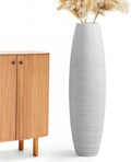 Large Floor Vase 35.4' Matte White, Resin Wide-Body Vase with Horizontal Ribbed Texture for Dried Pampas Grass Branches, Modern Home Decor for Living Room Corner Entryway