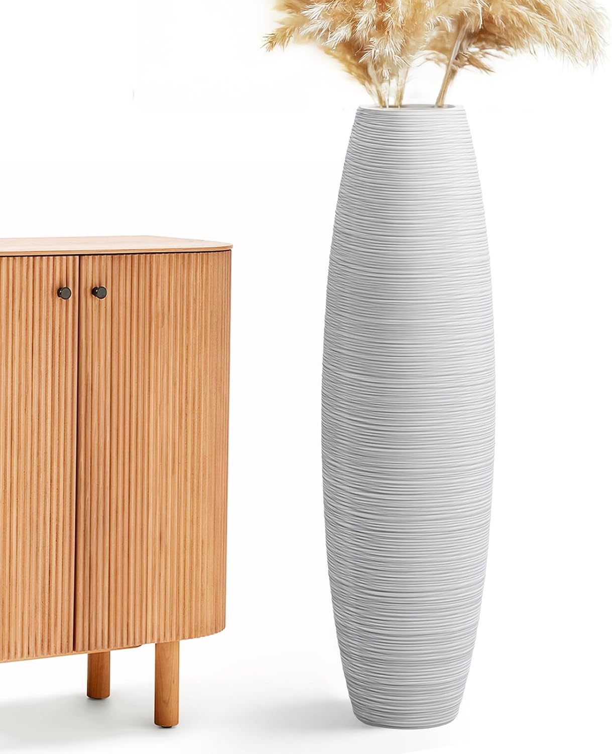 Large Floor Vase 35.4' Matte White, Resin Wide-Body Vase with Horizontal Ribbed Texture for Dried Pampas Grass Branches, Modern Home Decor for Living Room Corner Entryway