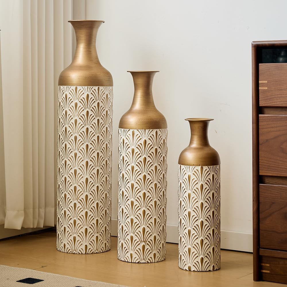 Floor Metal Decorated Vases Set of 3 for Gorgeous Home Decoration Large Glazed Metal Vases (Antique Brass+White)