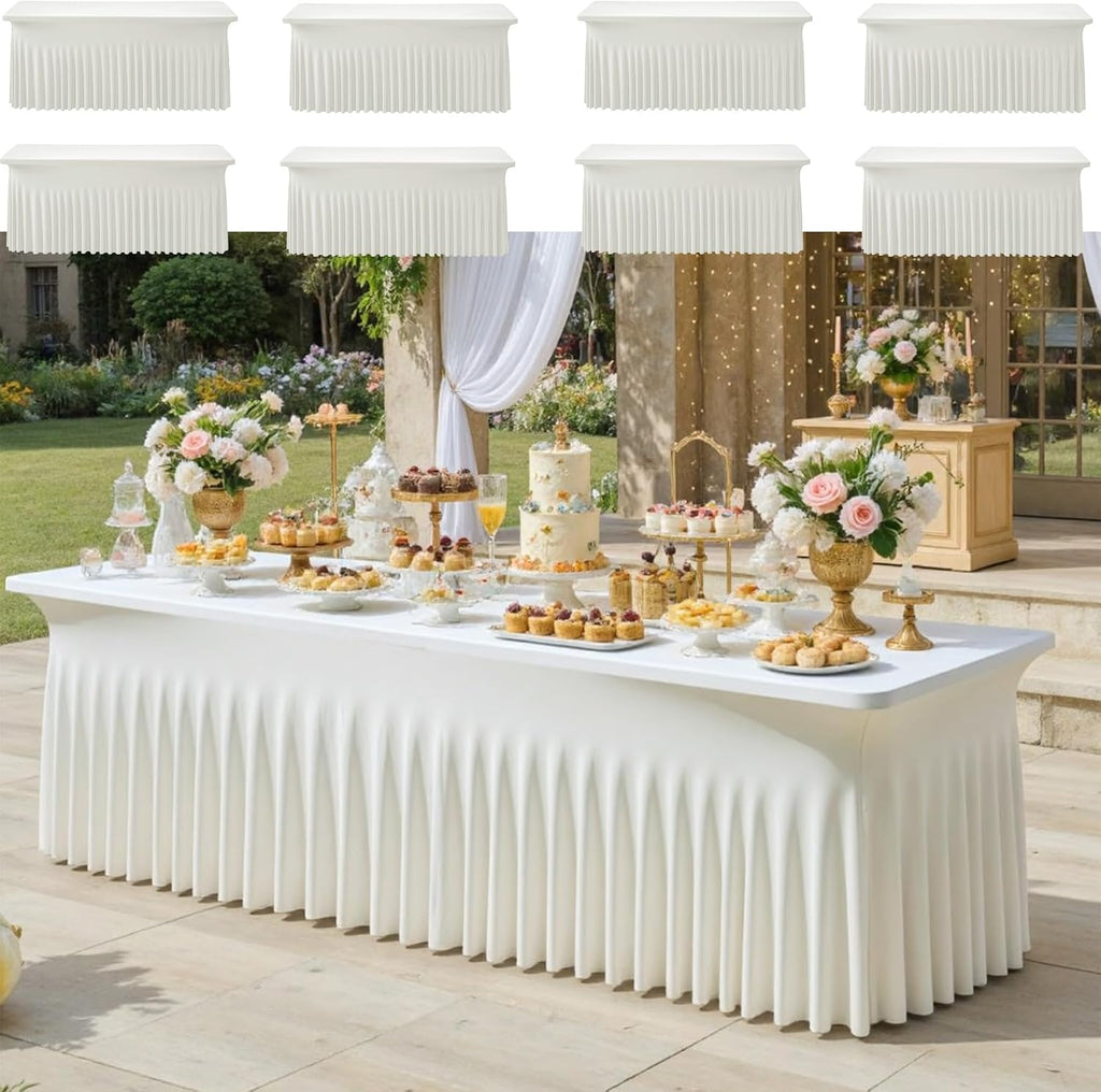CO-AVE 8pack Ivory Spandex Tablecloths 6ft for Rectangle Tables, Wrinkle Free Classy Table Skirt Stretchy 6 Foot Fitted Table Cloths Covers for Weddings Birthday Party Events Banquette Baby Shower