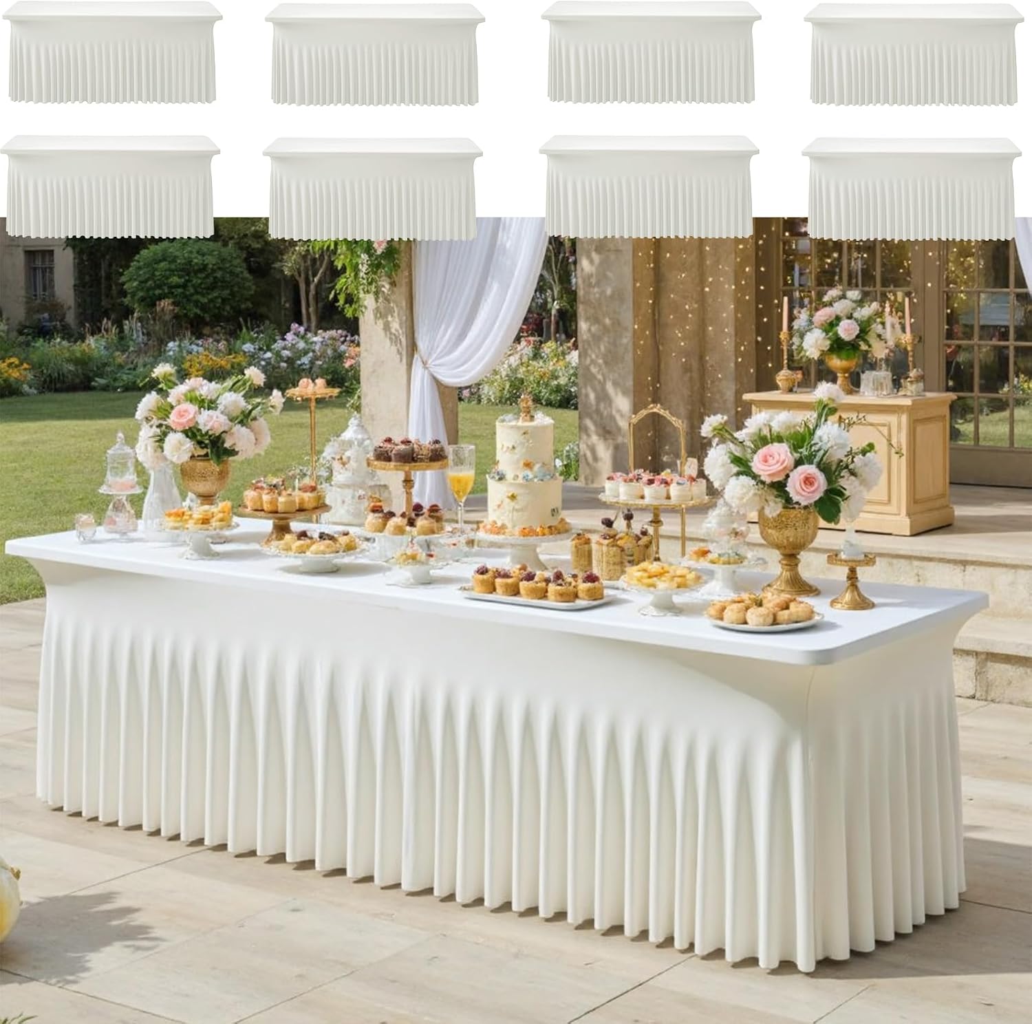 CO-AVE 8pack Ivory Spandex Tablecloths 6ft for Rectangle Tables, Wrinkle Free Classy Table Skirt Stretchy 6 Foot Fitted Table Cloths Covers for Weddings Birthday Party Events Banquette Baby Shower