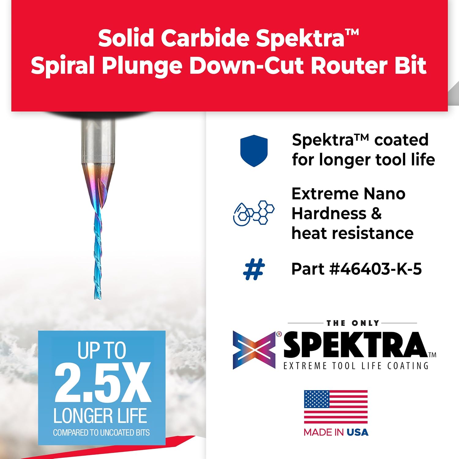 Amana Tool 46403-K-5, 5-Pack SC Spektra Extreme Tool Life Coated Spiral Plunge 1/16 Dia x 1/2 CH x 1/4 SHK 2 Inch Long Down-Cut Router Bits