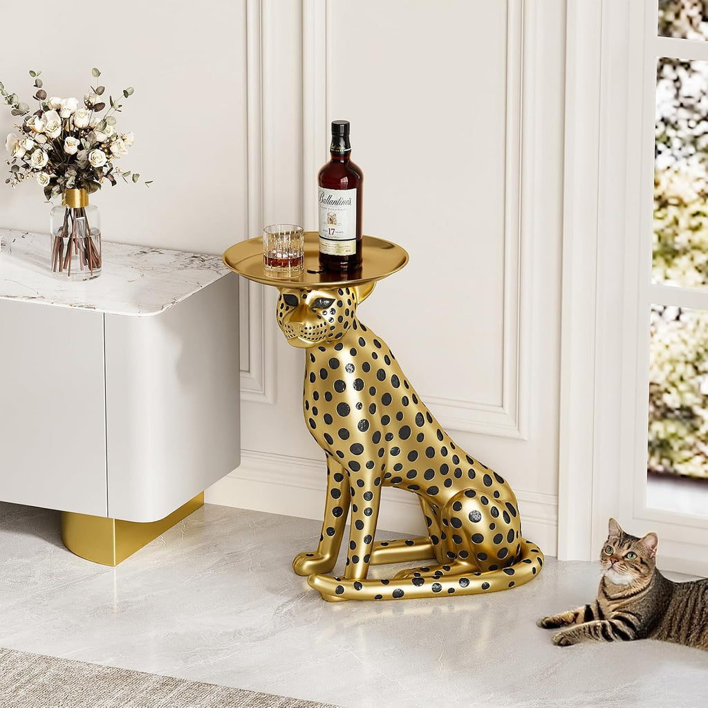 homary Animal Side Table with Tray Top– Gold Leopard Statue Panther Figurine End Table Art Decor for Home & Gifts