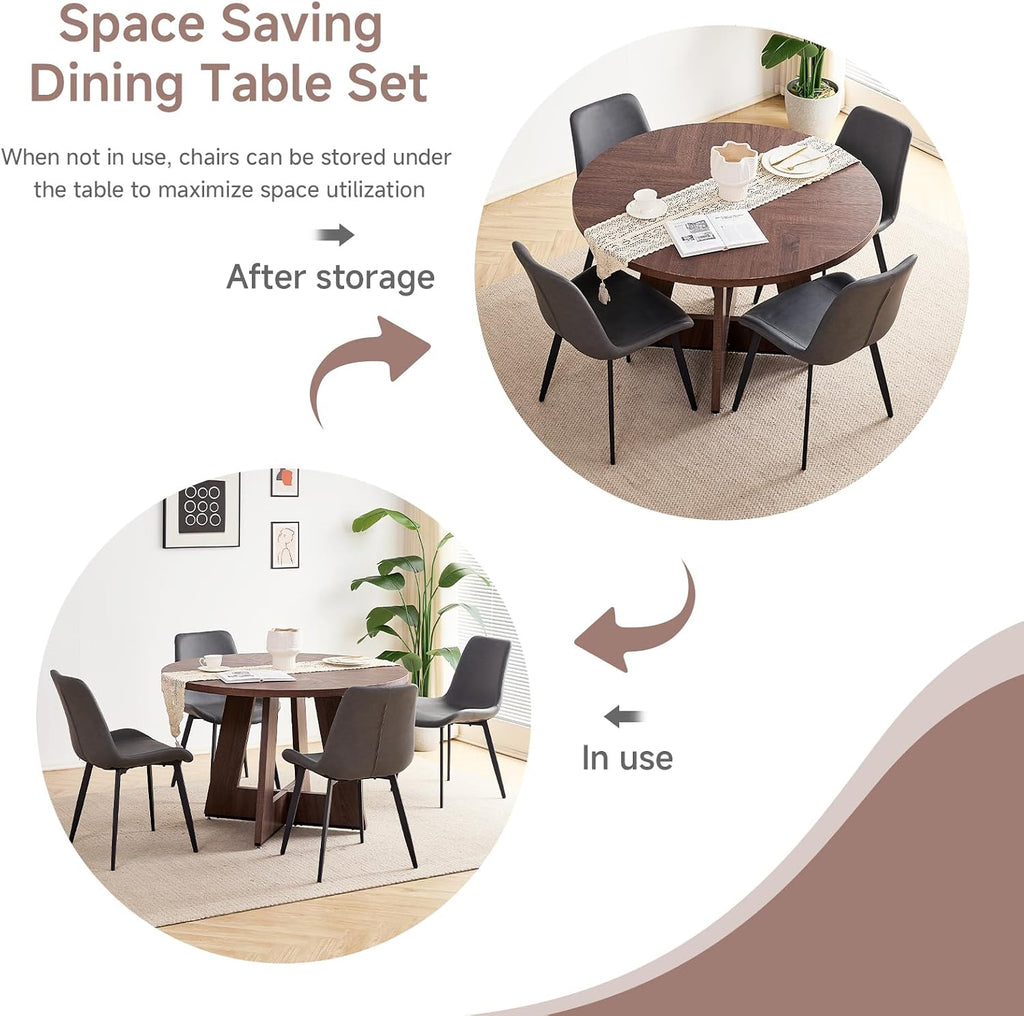 47 inch Round Dining Table Set for 4 with Chairs Kitchen Table and Chairs Set Mid-Century Modern Round Wood Kitchen Tables with Upholstered Synthetic Leather Chairs Set of 4