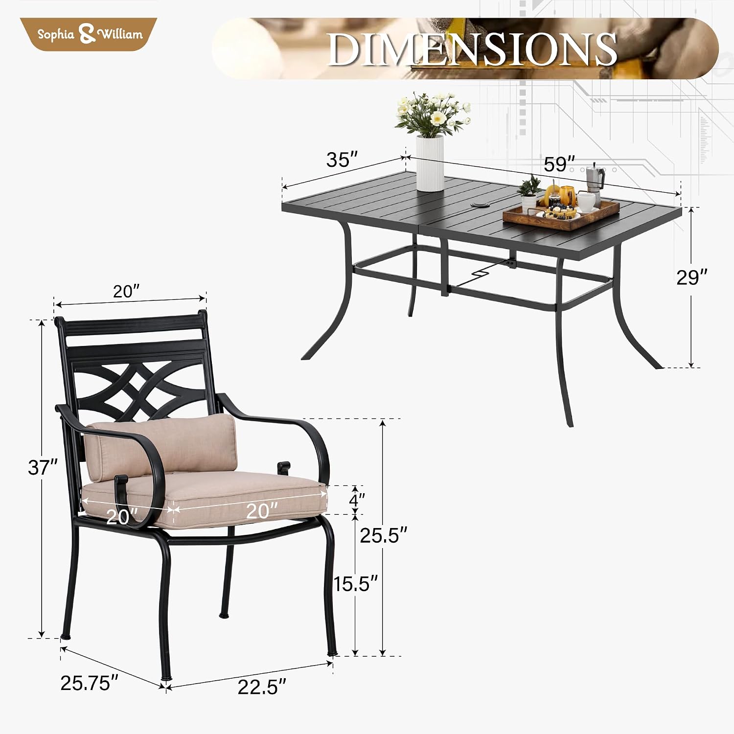 Sophia and William Outdoor Patio Dining Set for 6, Outdoor Table and Chairs, Removable Seat Cushions, 59' Black Patio Dining Table