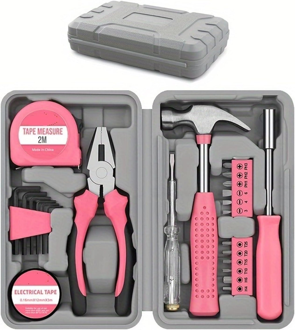 13pcs pink household manual toolbox, including pliers, tape measure hammers, and other tools, can be used Compatible with home repairs.(Hammer style)