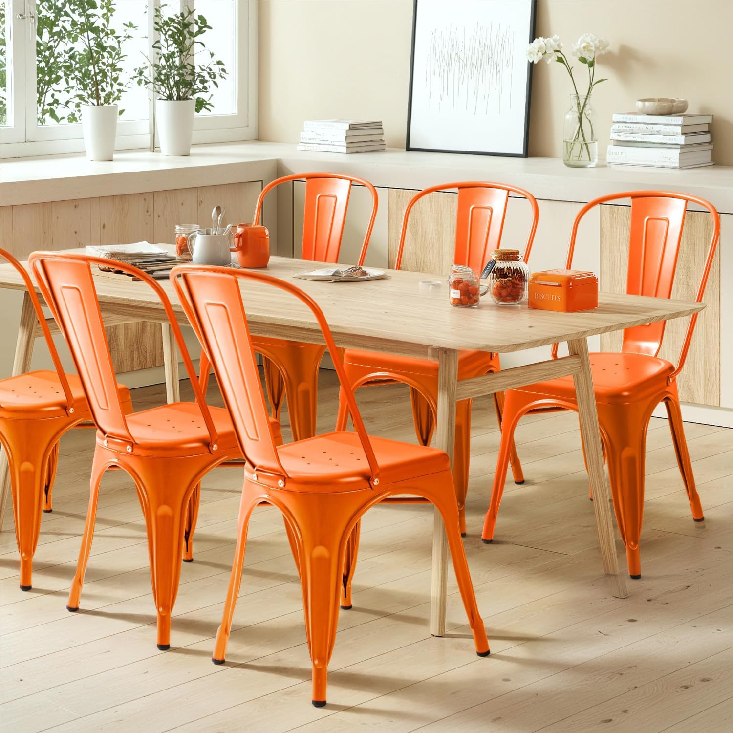 Furmax Metal Dining Chair Indoor Outdoor Use Stackable Classic Trattoria Chair Chic Dining Bistro Cafe Side Metal Chairs Set of 4 (Orange)