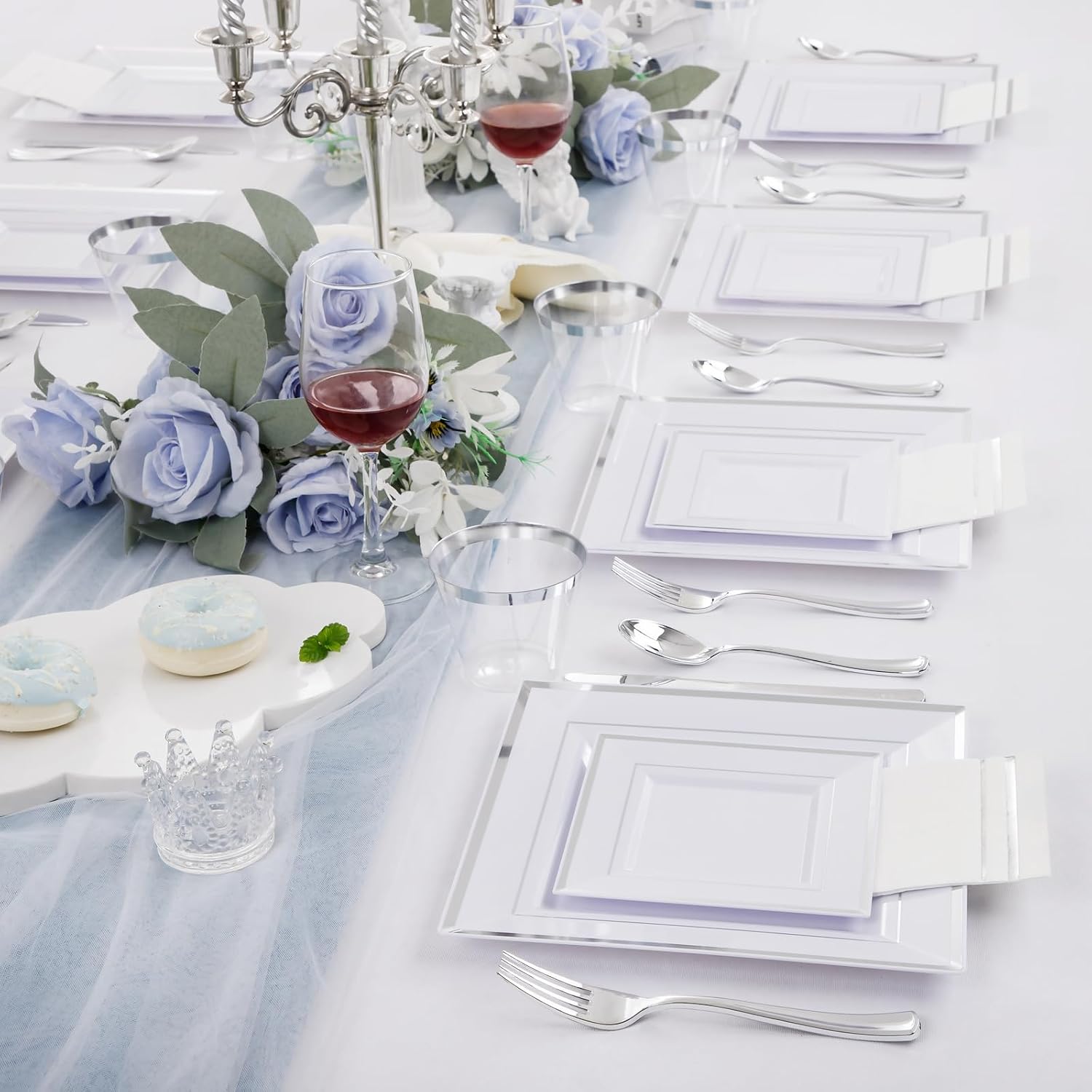 Festiva 350Pcs Silver Plates &350Pcs Clear Plastic Plates with Gold Trim