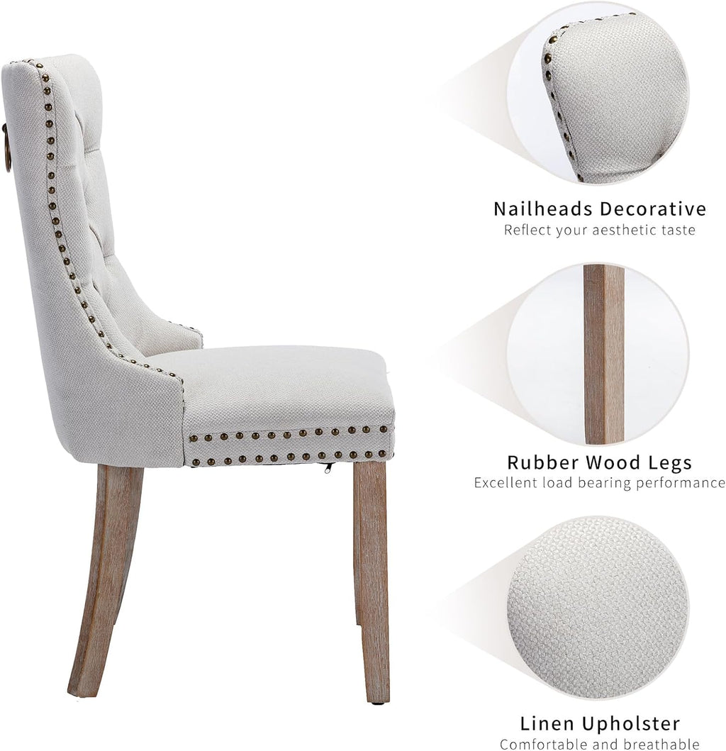ODUSE-DAILY Beige Linen Dining Chairs Set of 4, Kitchen & Dining Room Chairs Set of 4, Tufted Dining Chairs, Upholstered, Wood Legs (Beige White, 4pcs)