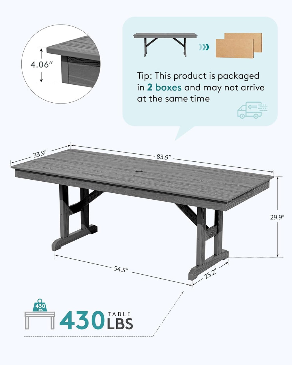 SERWALL Outdoor Dining Table, 84' Rectangular Dining Table for 6-10 Person, All Weather HDPE Outdoor Furniture for Backyard, Garden, Gray