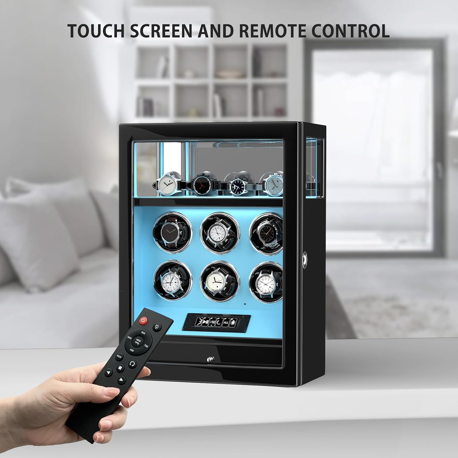 DUKWIN Watch Winder, Fingerprint Lock Automatic Watch Winder for 3/6/9 Watches with 4 Holders,300-2300 TPD,Digital Display, Remote Control,Jewelry Storage and Adjustable Watch Pillow and LED Light