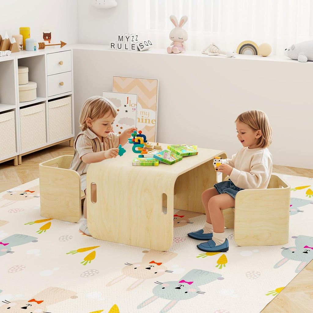 Costzon Kids Table and Chair Set, All in 1 Birch Wood Activity Table, Bench, Storage Shelves, Desk for Children Reading, Arts, Crafts, Snack Time, Fully Assembled, Toddler Table & Chair Set (Natural)