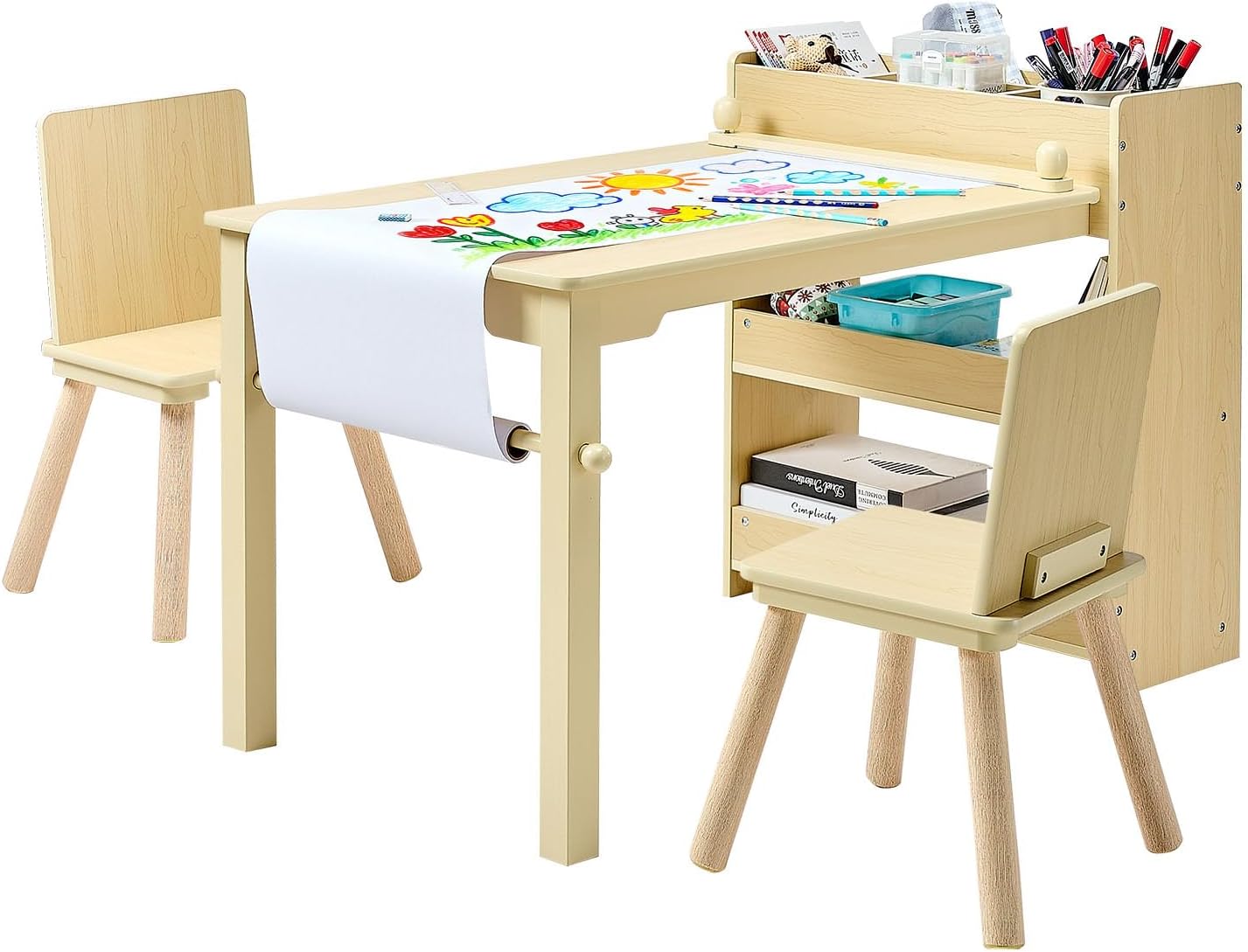 VEVOR Kids Art Table and Chair Set, Toddler Activity Table with Storage, Wood Kids Craft Desk with Paper Roll for Drawing, Reading, Writing, Kid Play Table for Nursery, Playroom, Classroom, Natural
