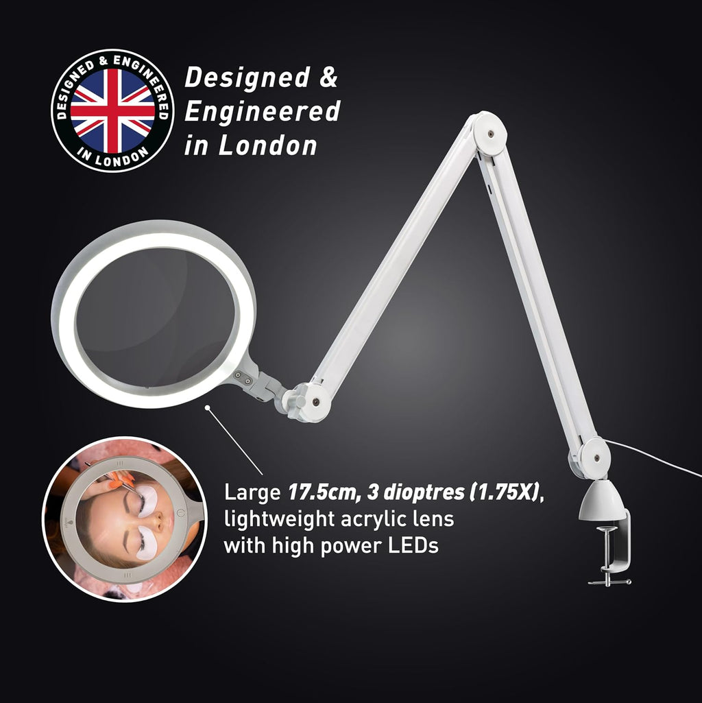 Omega 7 LED Magnifying Lamp – 7' Acrylic Lens, 3 Diopter (1.75X) Magnification, 6,300 Lux at 6', 4 Brightness Levels, Adjustable Arm, Professional-Grade Light for Precision Tasks