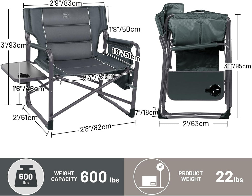 Timber Ridge XXL Upgraded Oversized Directors Chairs with Foldable Side Table, Detachable Side Pocket, Heavy Duty Folding Camping Chair up to 600 Lbs Weight Capacity (Gray) Ideal Gift