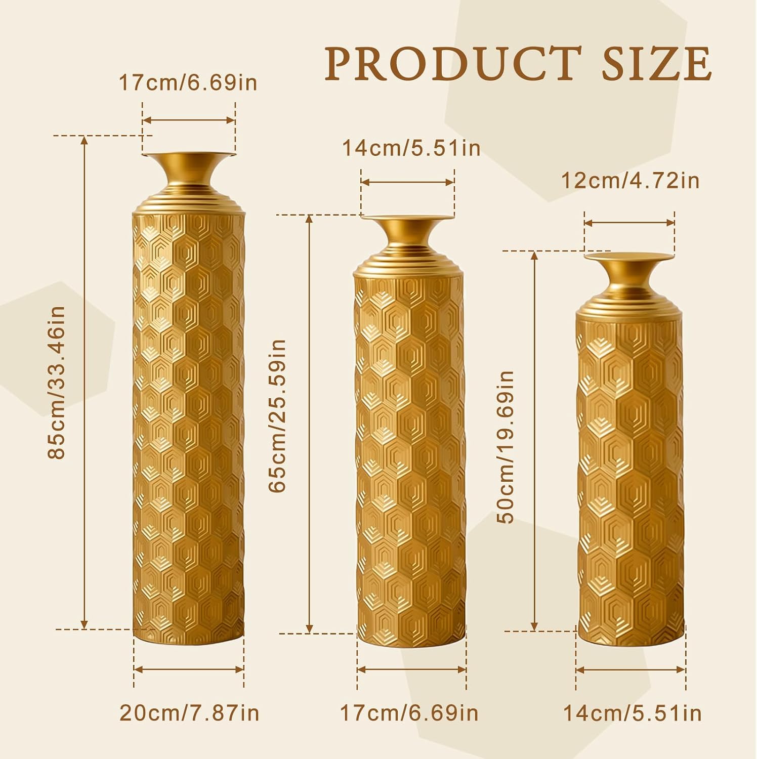 Set of 3 Gold Geometric Metal Floor Vases, 33.46' 25.59' 19.69' Tall Decorative Vase with Honeycomb Texture, Luxury Glam Floor Vase for Living Room, Entryway, Office, Pampas Grass & Dried Flower Decor