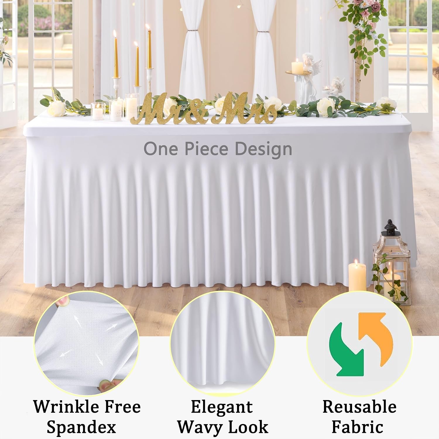 12 Pack White Spandex Tablecloth for 6 Foot Rectangle Tables, Wrinkle Free Fitted Table Cloth Cover 6ft White Stretchy Tablecloths with Skirt for Parties Weddings Birthday Banquet Baby Shower