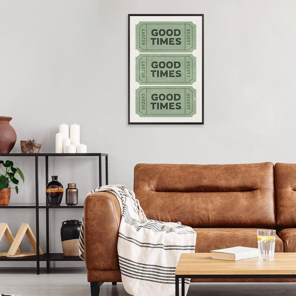 Vintage Funky Green Good Times Ticket Wall Art Print Poster Retro Preppy Room Aesthetic Canvas Wall Art Prints For College Dorm Bathroom Apartment Wall Decor 24x36in Framed