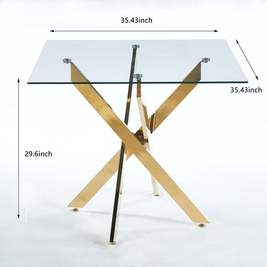 36' Square Dining Table for 4, Modern Clear Glass Kitchen Table for 4 with Gold X Metal Legs, Contemporary Small Glass Dining Room Leisure Tables for Kitchen Apartment