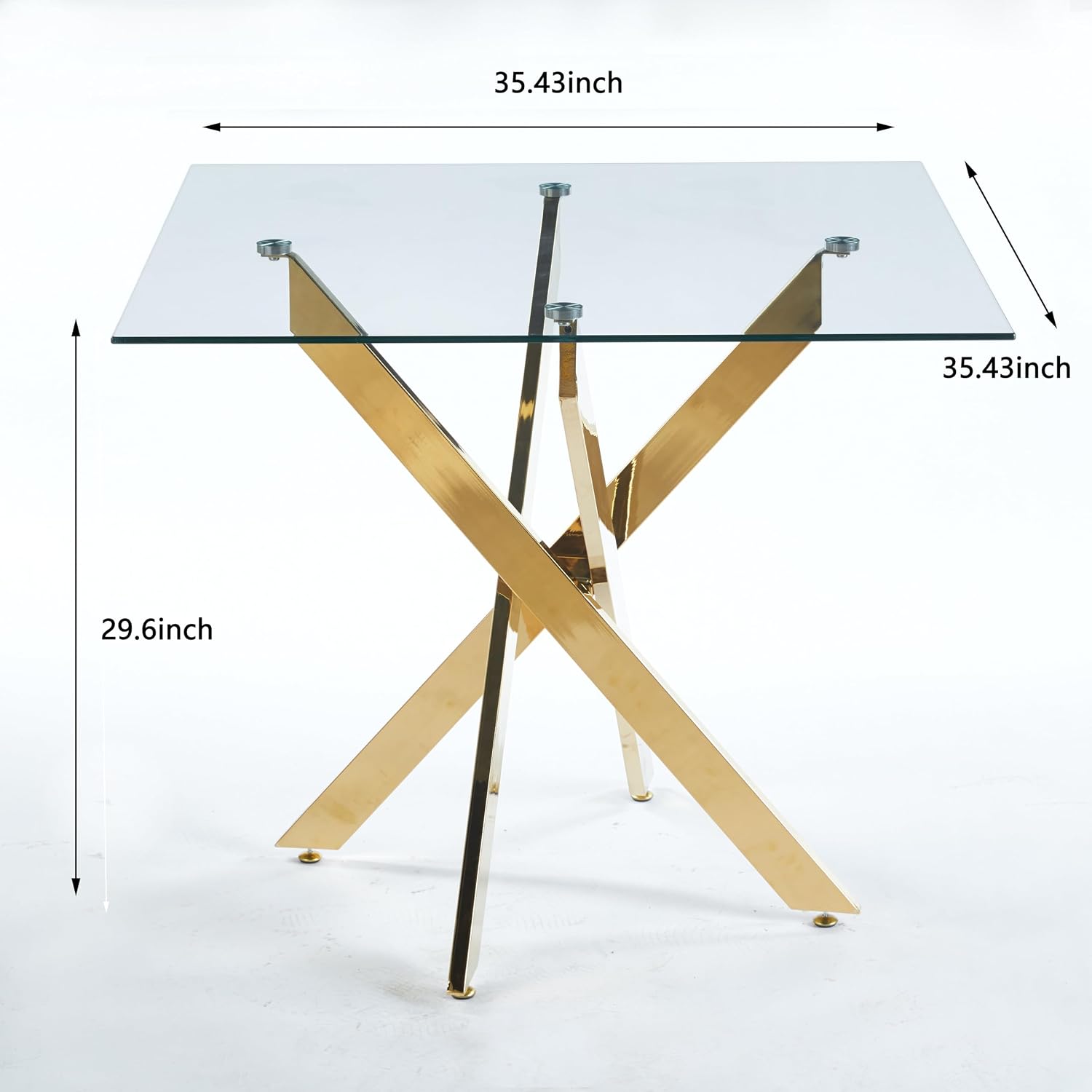 36' Square Dining Table for 4, Modern Clear Glass Kitchen Table for 4 with Gold X Metal Legs, Contemporary Small Glass Dining Room Leisure Tables for Kitchen Apartment
